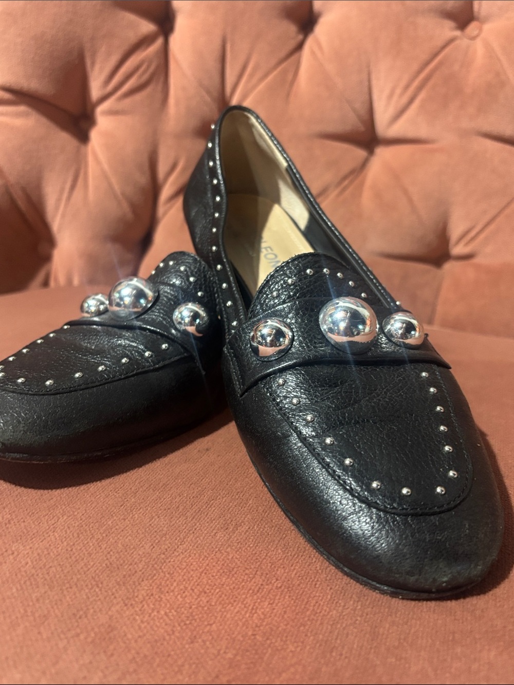 Napoleoni Black leather flats studded maximalist silver heel flats punk luxury